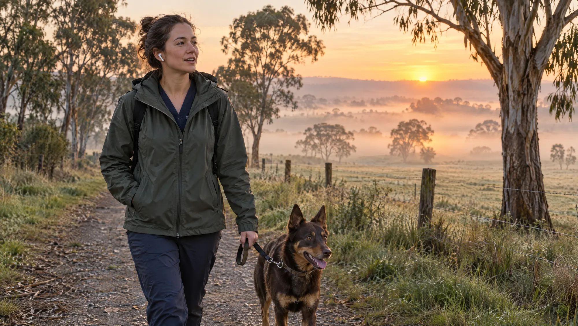 A doctor walks her dog along a country path at sunrise, rehearsing an answer out loud.