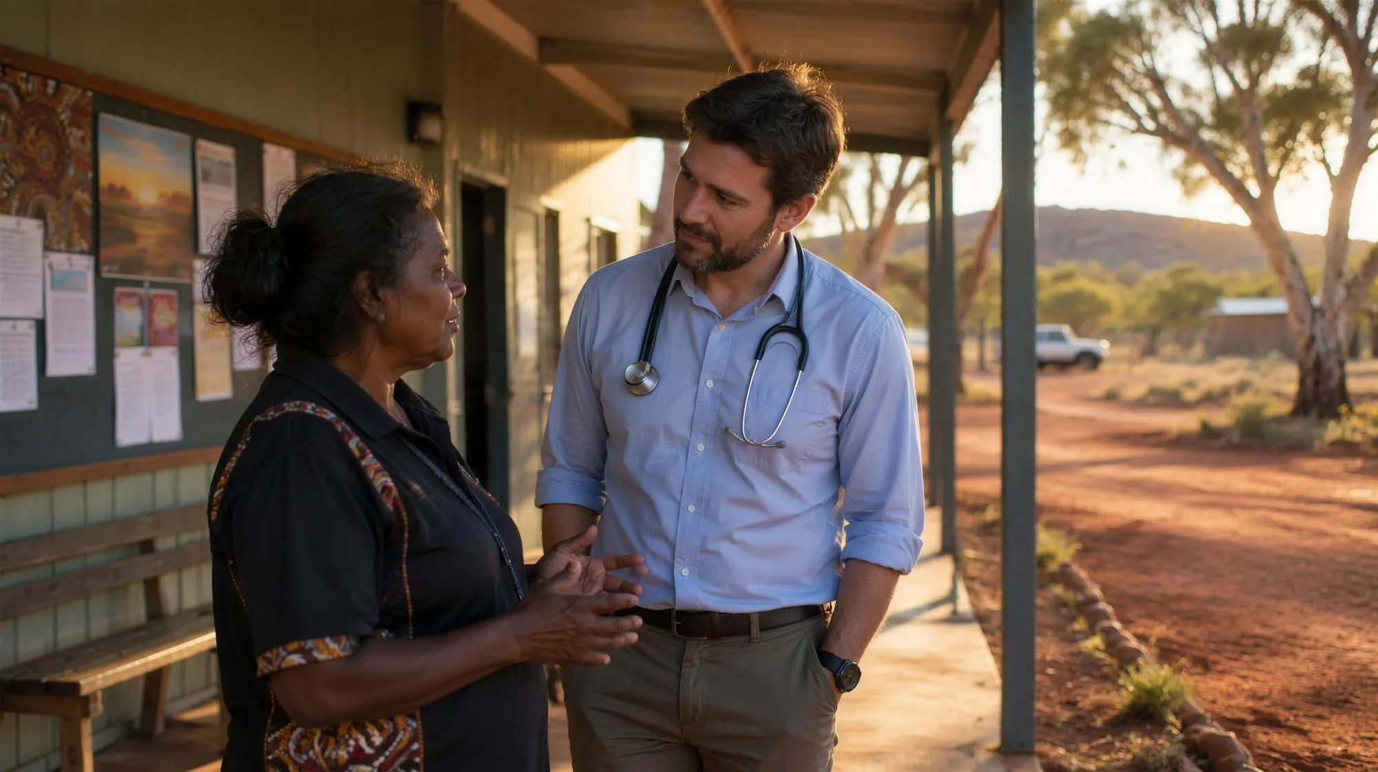 An Aboriginal health worker and a doctor talk outside a remote community clinic.