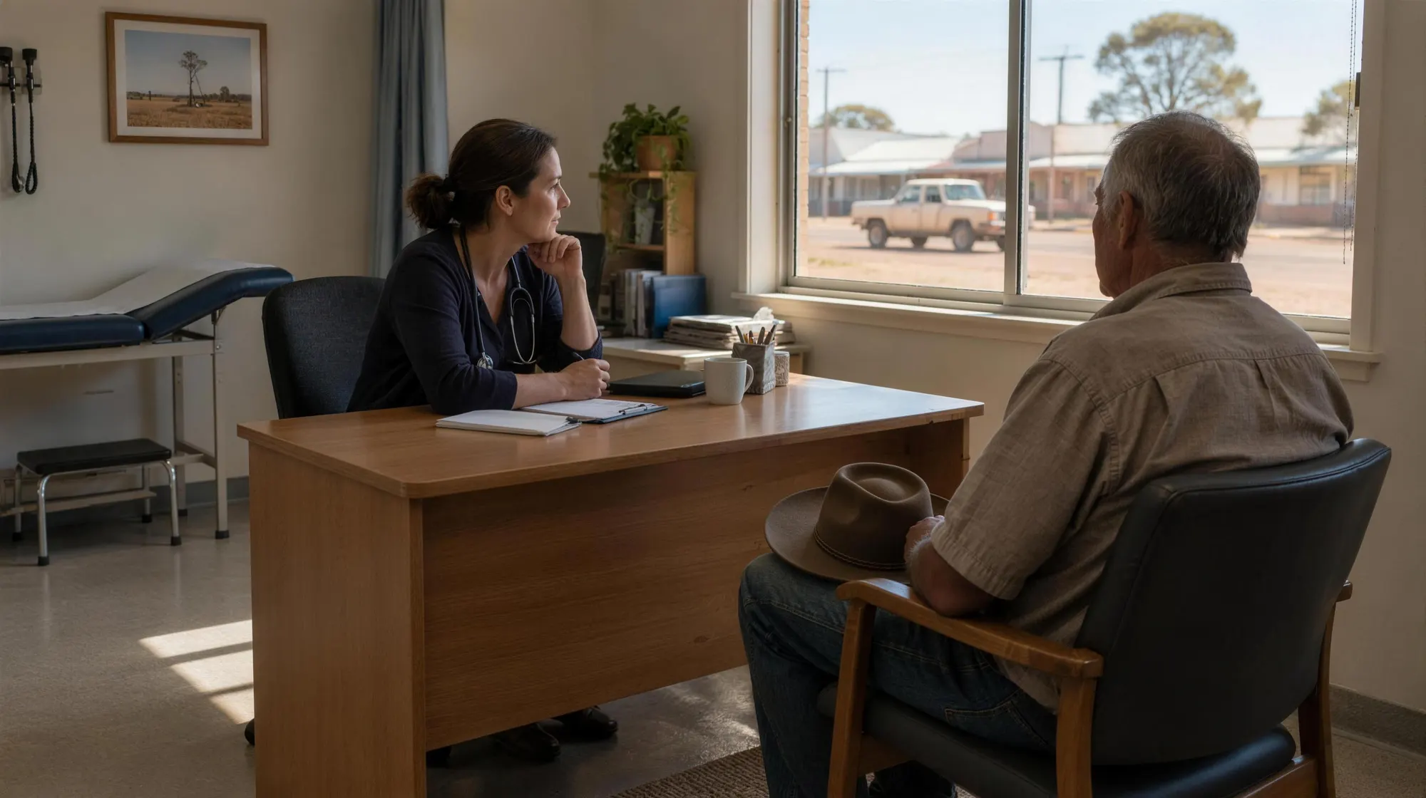 A GP listens to an older farmer in a small rural consulting room, his hat on his knee.