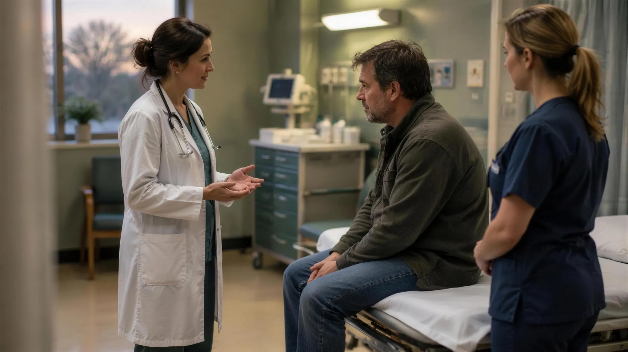 A doctor calmly talks with a tense patient sitting on a hospital trolley, keeping a respectful distance while a nurse looks on.