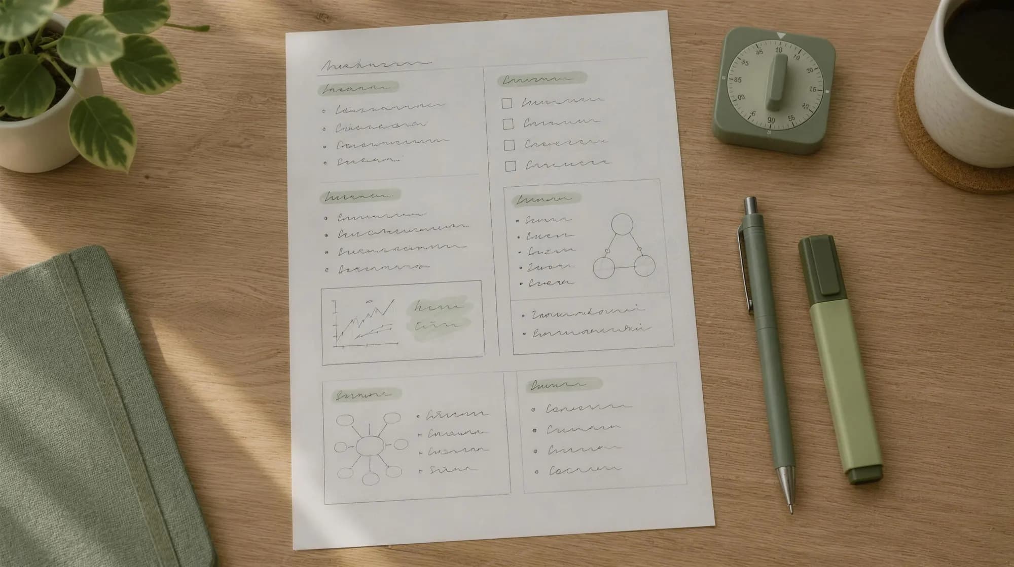 A hand-ruled notes page divided into boxes, with a pen, highlighter and timer on a desk.