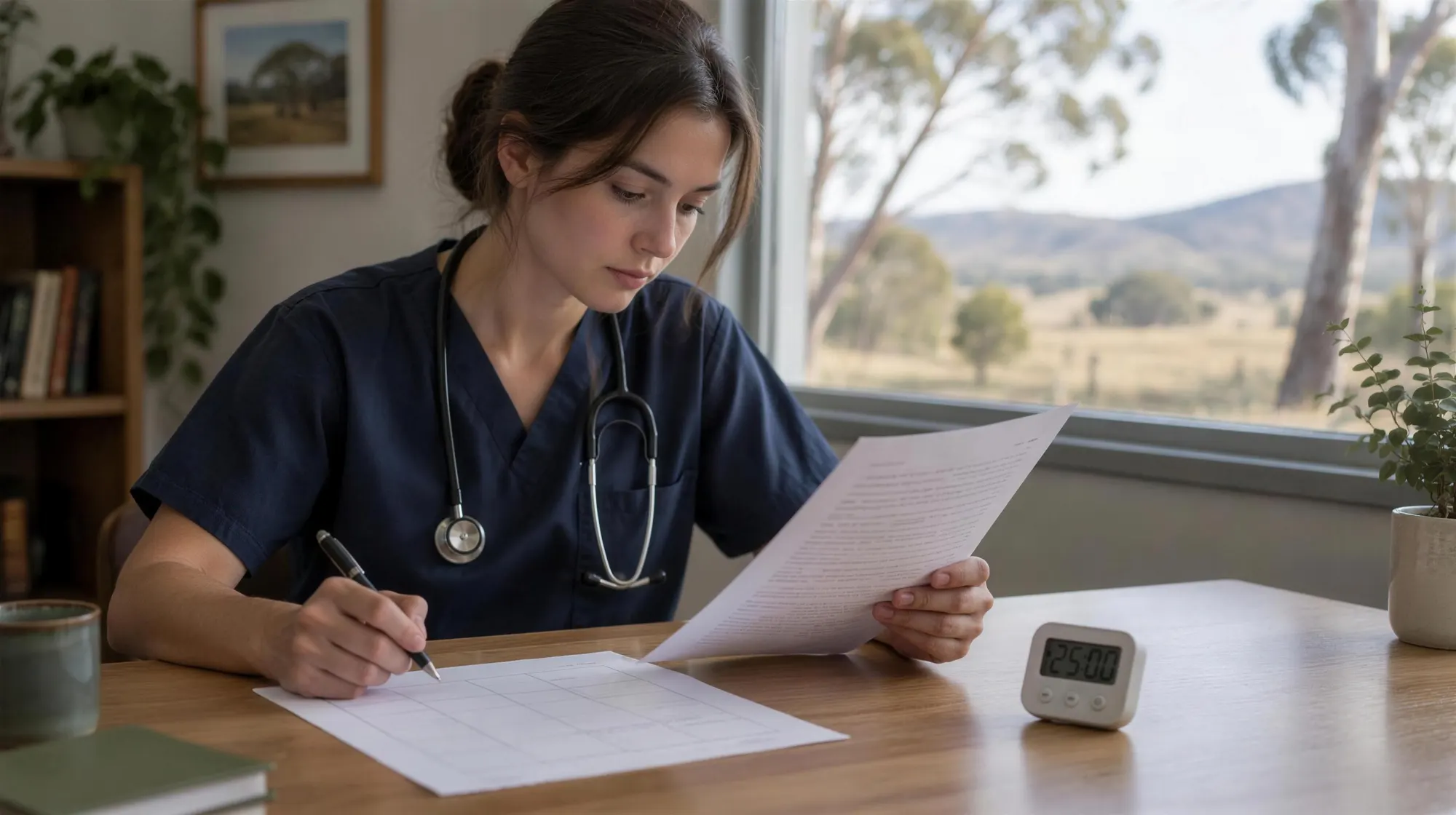 A doctor reads a scenario and makes notes on a page ruled into boxes, with a small countdown timer on the desk.