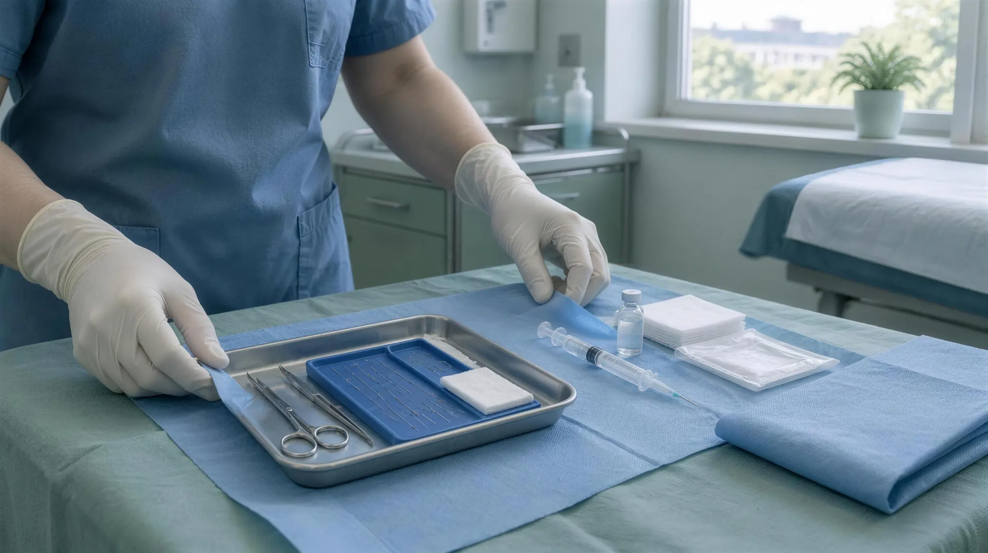 Gloved hands lay out a sterile procedure tray with a suture kit in a hospital treatment room.