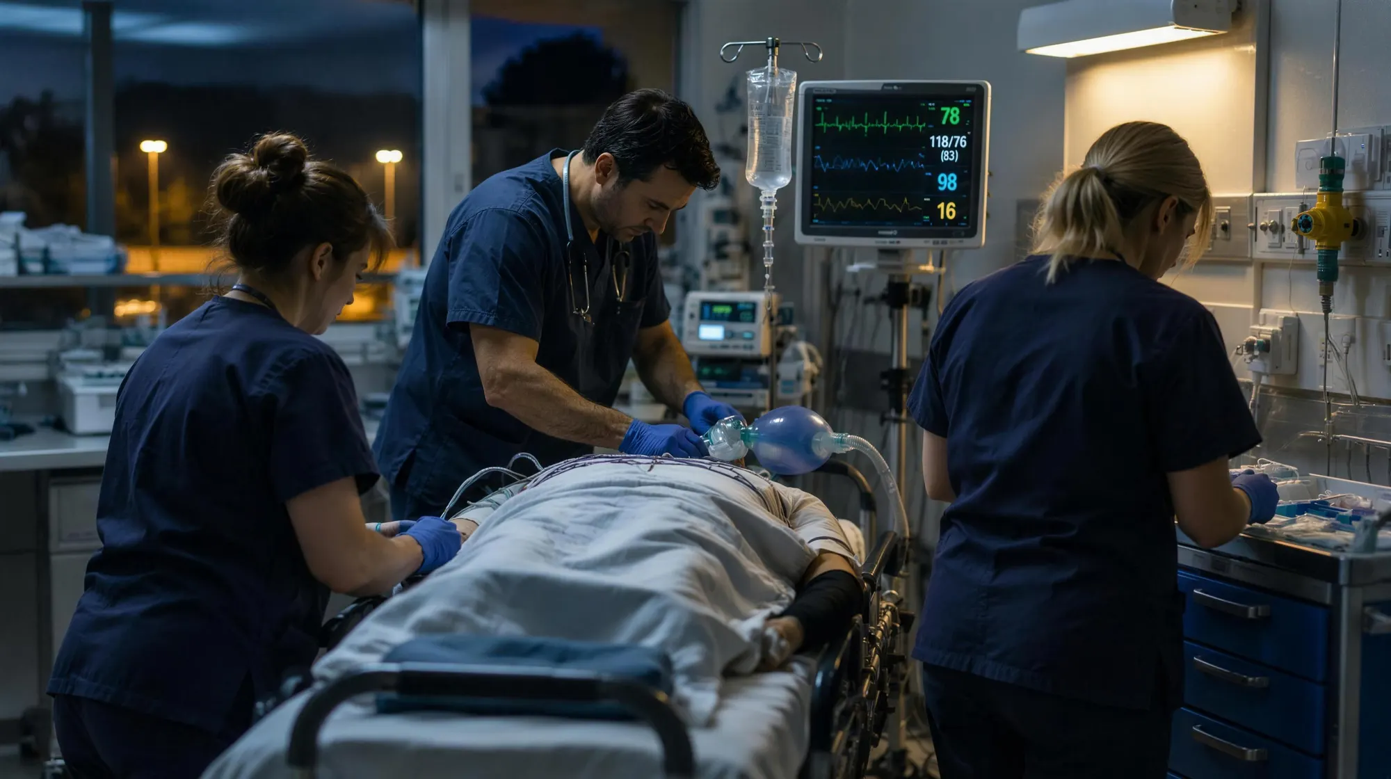 A doctor and two nurses work around a patient in a small hospital resuscitation bay at night.