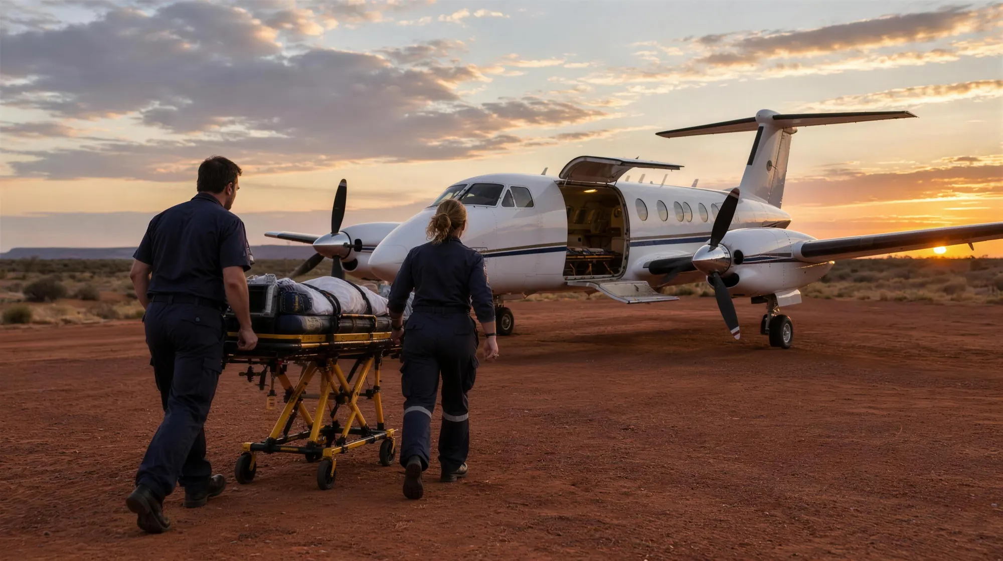 A doctor and flight nurse wheel a stretcher to a small aircraft on a red-dirt airstrip at dusk.