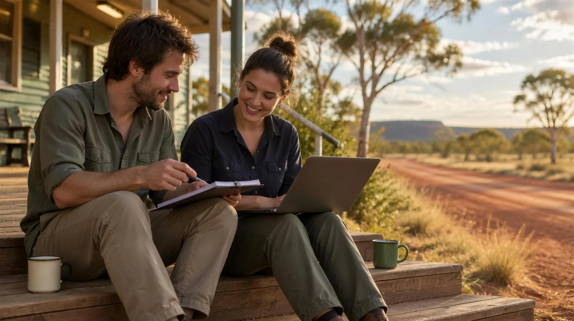 Two young rural doctors study together on the verandah steps of a country hospital, with a red dirt road behind them.