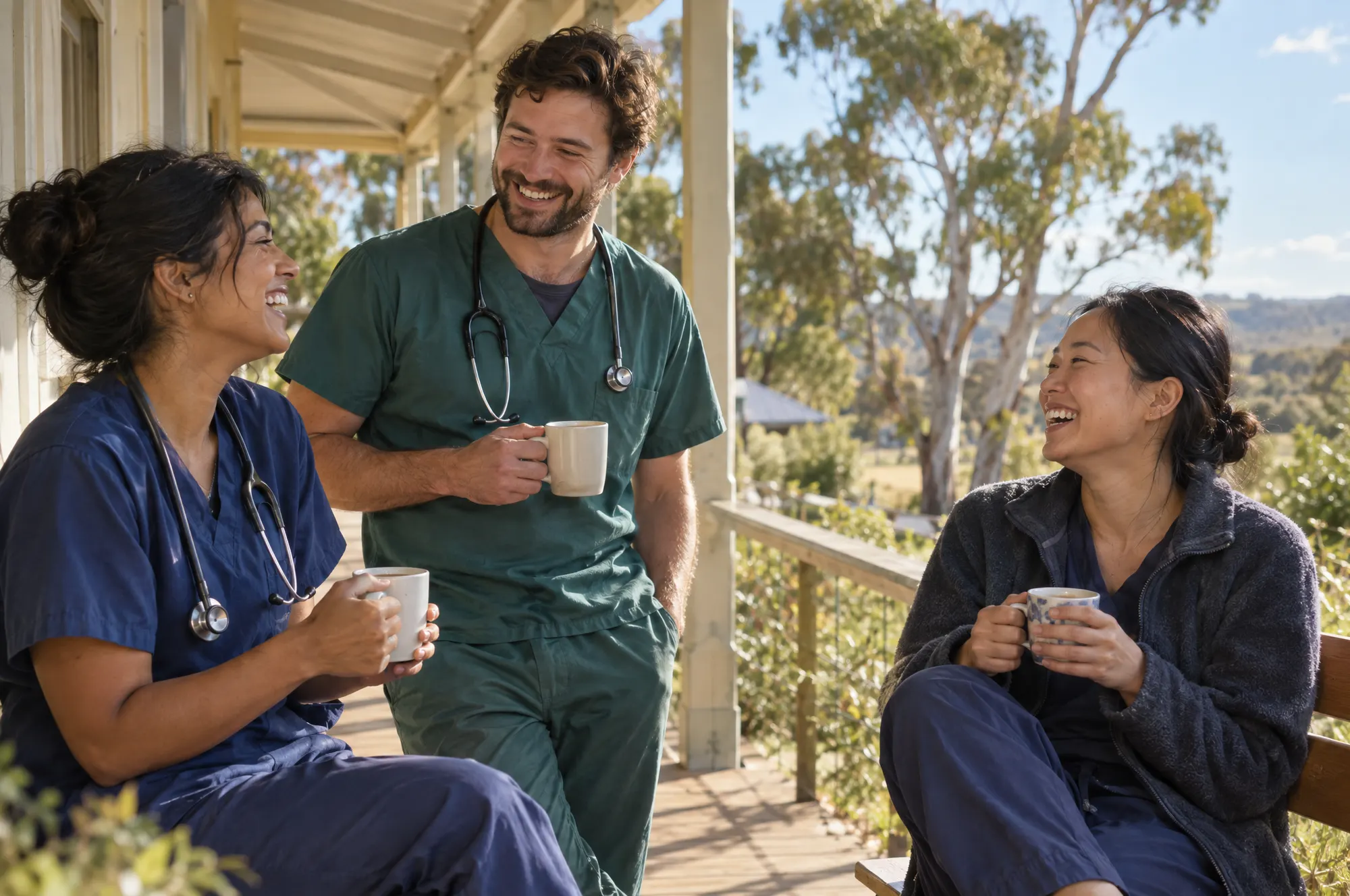 Three doctors share coffee and a laugh on a country hospital verandah.